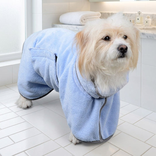 Dog in the Harbor Blue Dockside Dry robe on a bathroom floor after a bath