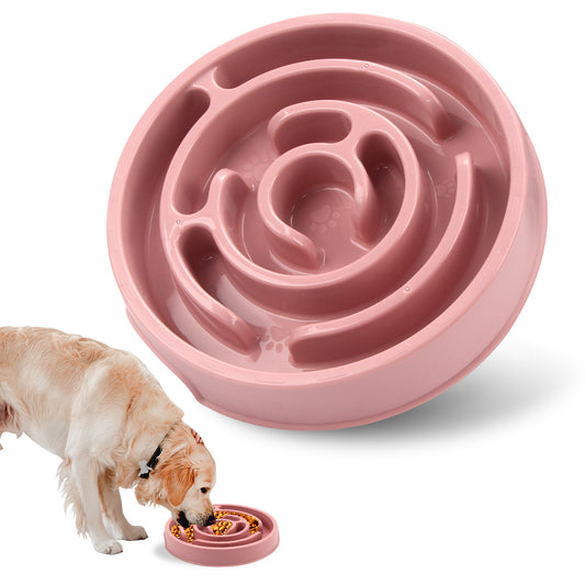 Slow Tide maze feeder bowl in pink with golden retriever eating