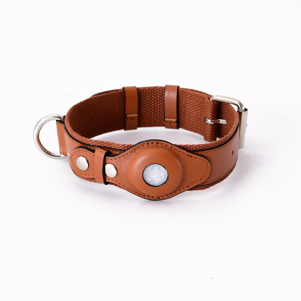 Leather AirTag dog collar in Bear Brown with snap-secured tracker pocket