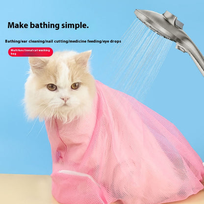 Make bathing simple — cat in mesh bag under the shower