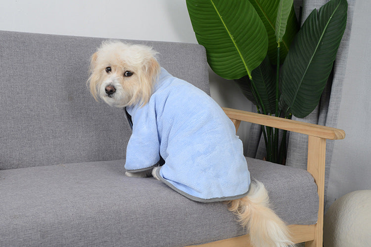 Harbor Blue drying robe from the side, adjustable belly strap visible