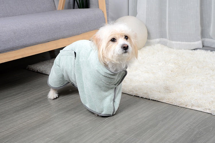 Seafoam Green drying robe, side view on a small dog