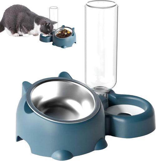Whisker-Relief tilted bowl set in blue — raised 16° stainless bowl with gravity water bottle