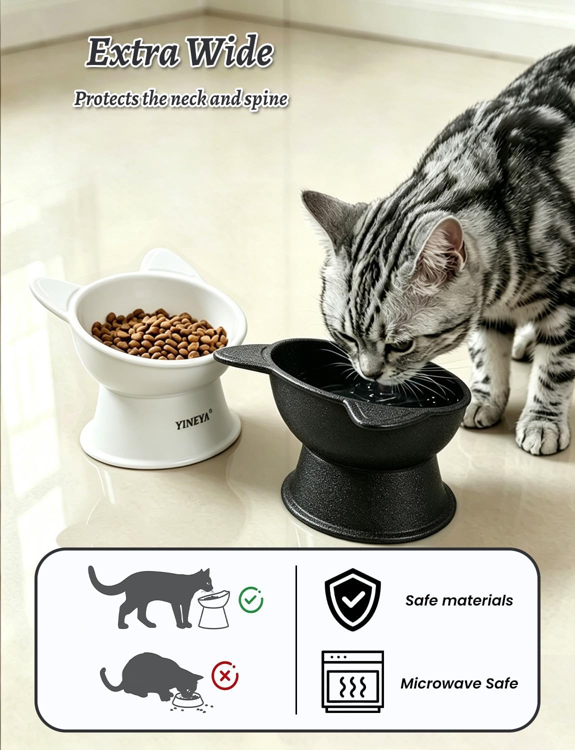 Cat eating comfortably from raised tilted bowl