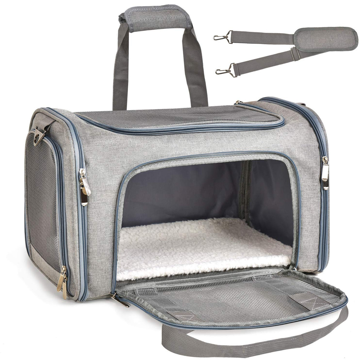 Carrier with side door open and shoulder strap