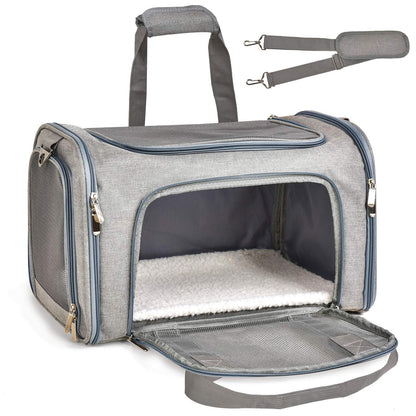 Carrier with side door open and shoulder strap