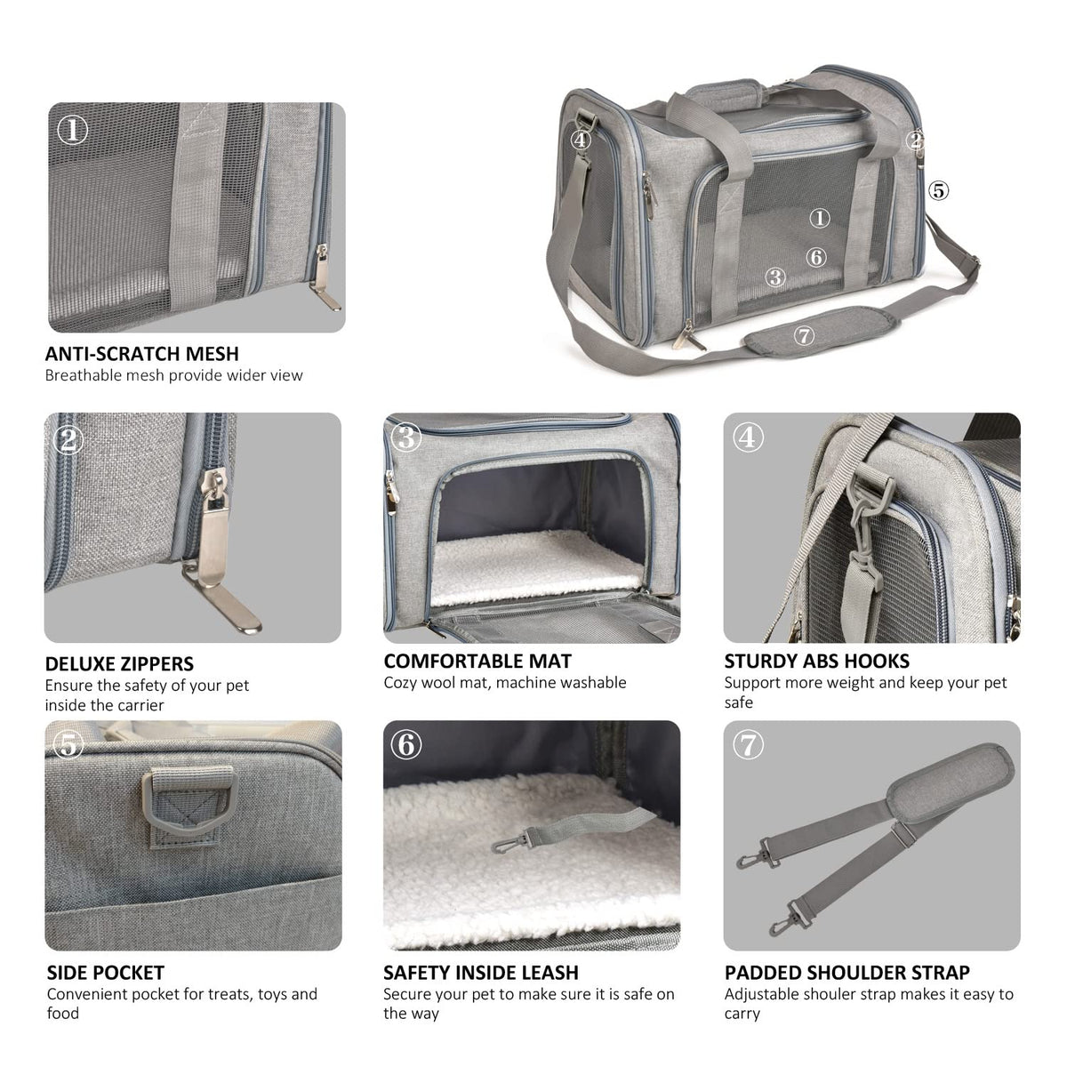Carrier features: mesh, zippers, mat, hooks, pocket, leash, strap