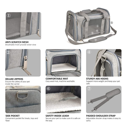 Carrier features: mesh, zippers, mat, hooks, pocket, leash, strap