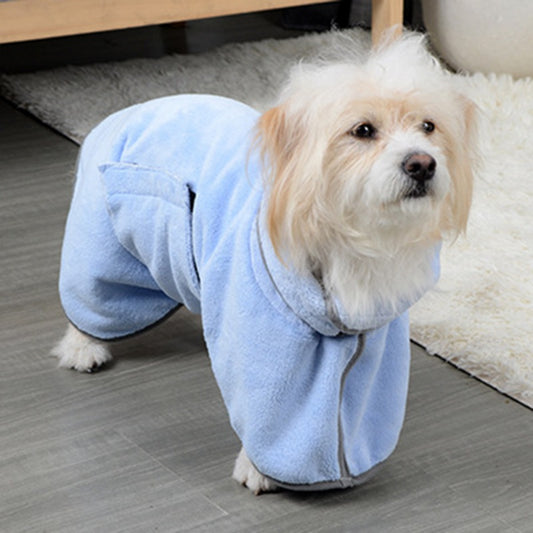 Small white dog wearing the Harbor Blue Dockside Dry microfiber drying robe, front view