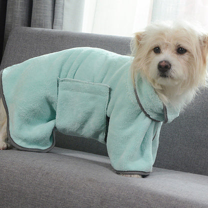 Dog wearing the Seafoam Green Dockside Dry drying robe