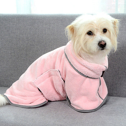 Dog wearing the Shell Pink Dockside Dry drying robe, side view showing belly strap
