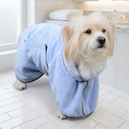 Dog in the Harbor Blue Dockside Dry robe on a bathroom floor after a bath