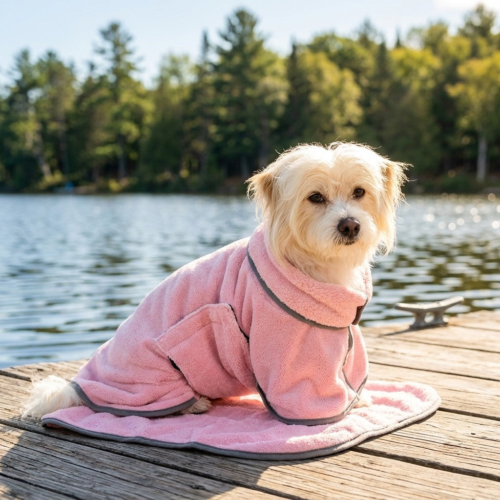 Dog in the Shell Pink Dockside Dry robe on a lakeside dock after a swim
