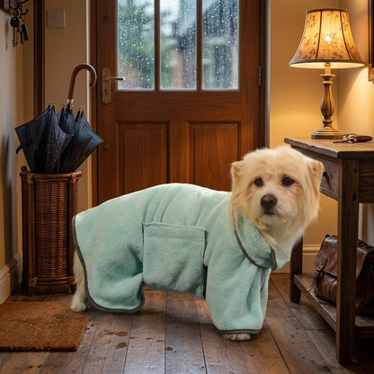 Dog in the Seafoam Green Dockside Dry robe in a hallway after a rainy walk