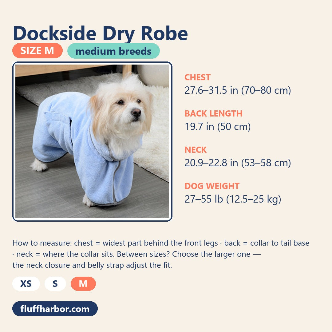 Size M card: chest 27.6–31.5 in, back 19.7 in, neck 20.9–22.8 in, dogs 27–55 lb