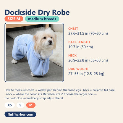 Size M card: chest 27.6–31.5 in, back 19.7 in, neck 20.9–22.8 in, dogs 27–55 lb