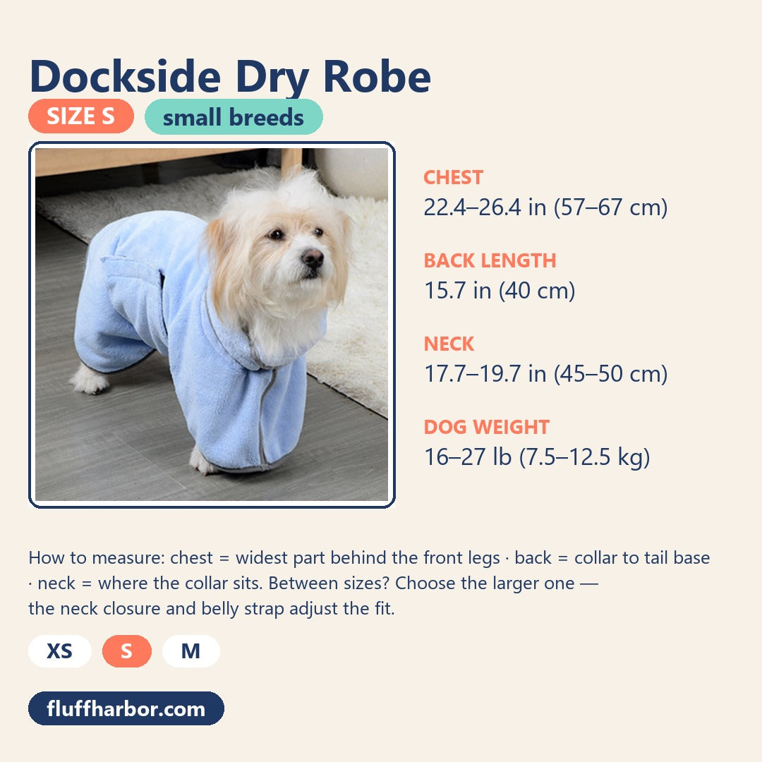 Size S card: chest 22.4–26.4 in, back 15.7 in, neck 17.7–19.7 in, dogs 16–27 lb