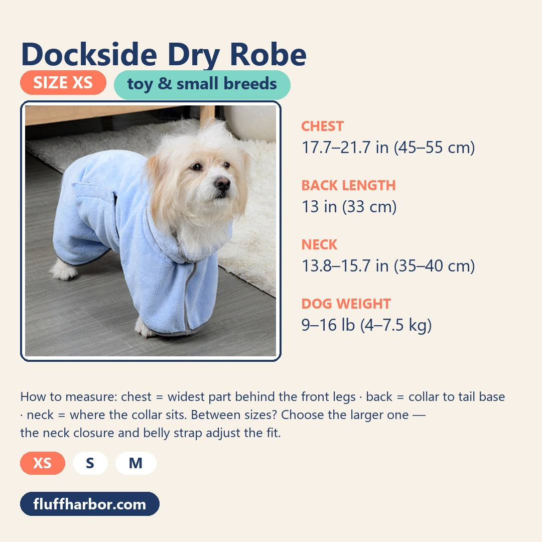 Size XS card: chest 17.7–21.7 in, back 13 in, neck 13.8–15.7 in, dogs 9–16 lb