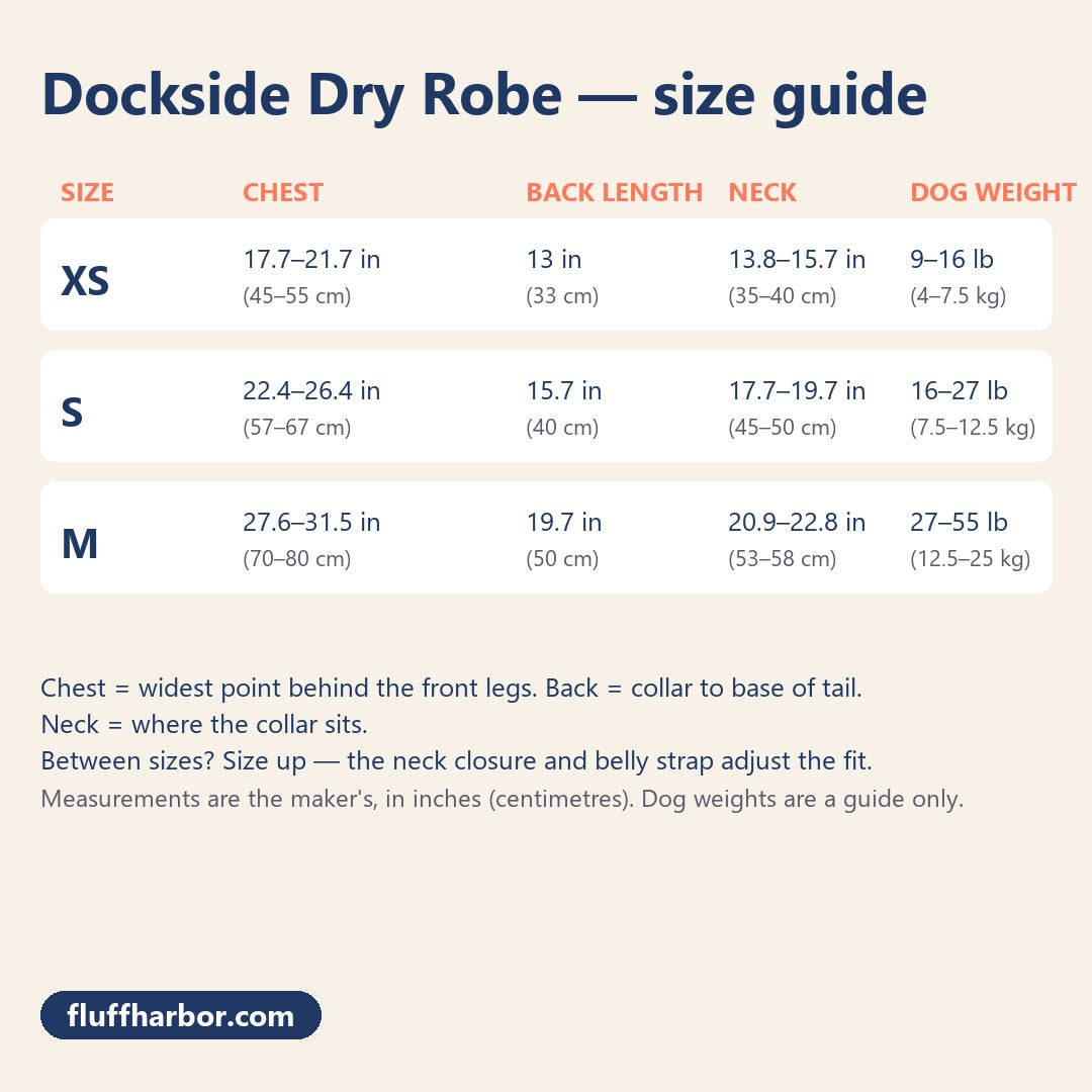Dockside Dry Robe size guide: XS, S and M chest, back length, neck and dog weight in inches and centimetres