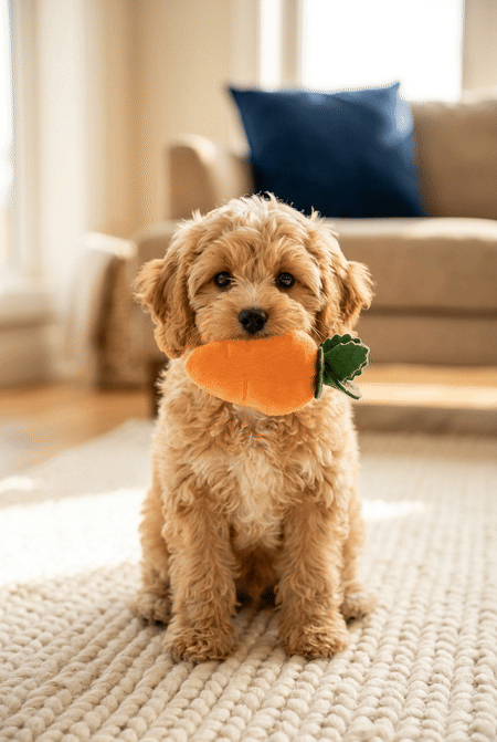 Fluffy puppy holding a plush carrot toy