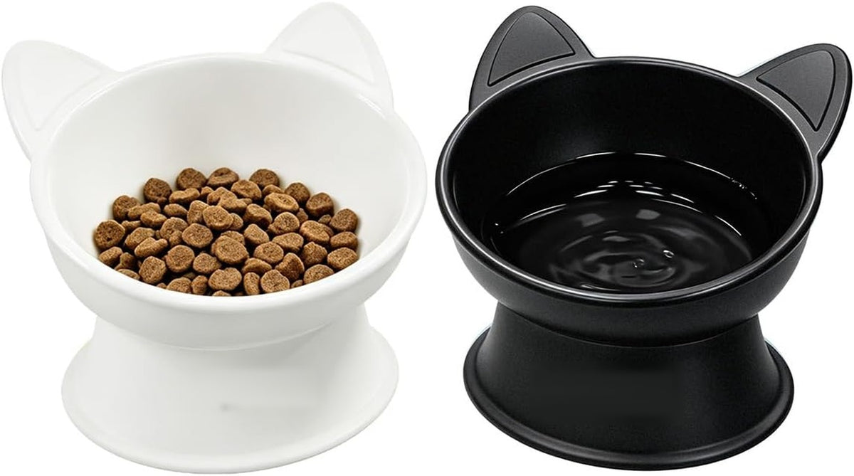 Whisker-relief tilted bowls, white and black, logo-free